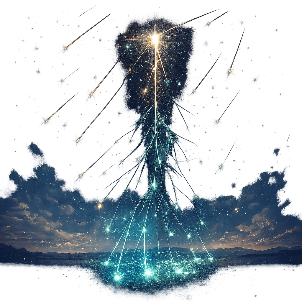 우주에서 대기권으로 유입되는 우주선 샤워와 뮤온 생성 개념(일러스트)